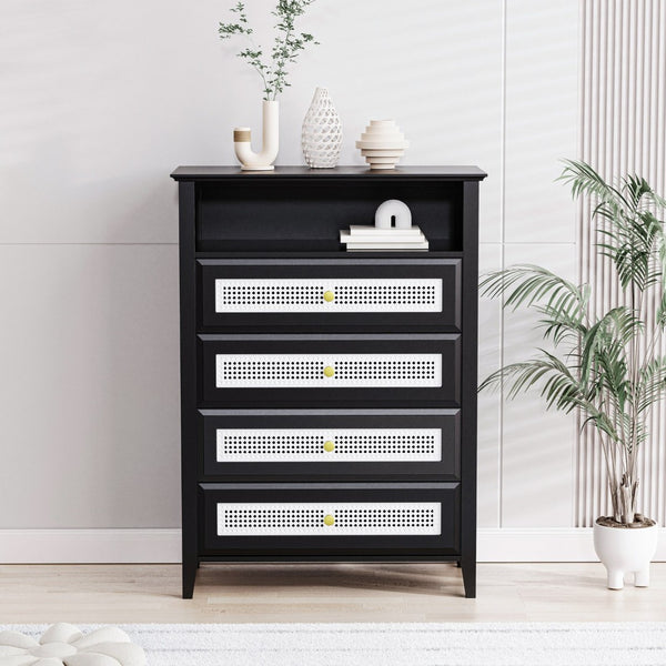 English Elm On-trend Rattan Panel 4 Drawer Dresser Black Mdf Cabinet Gold Pulls Bedroom Storage WF303857AAB
