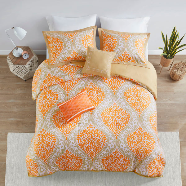 English Elm Full/Queen Senna Comforter Set - Damask Orange Taupe Microfiber, Antimicrobial Plush, Machine Washable B03595812