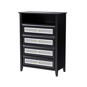 English Elm On-trend Rattan Panel 4 Drawer Dresser Black Mdf Cabinet Gold Pulls Bedroom Storage WF303857AAB