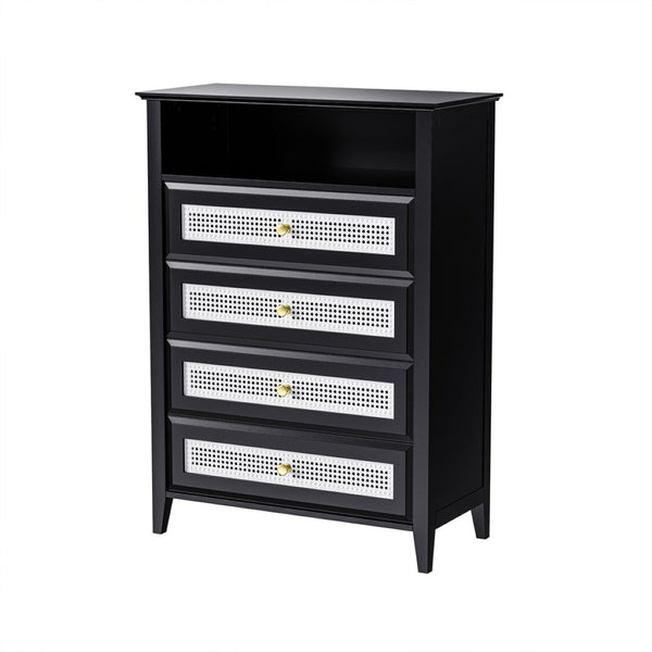 English Elm On-trend Rattan Panel 4 Drawer Dresser Black Mdf Cabinet Gold Pulls Bedroom Storage WF303857AAB