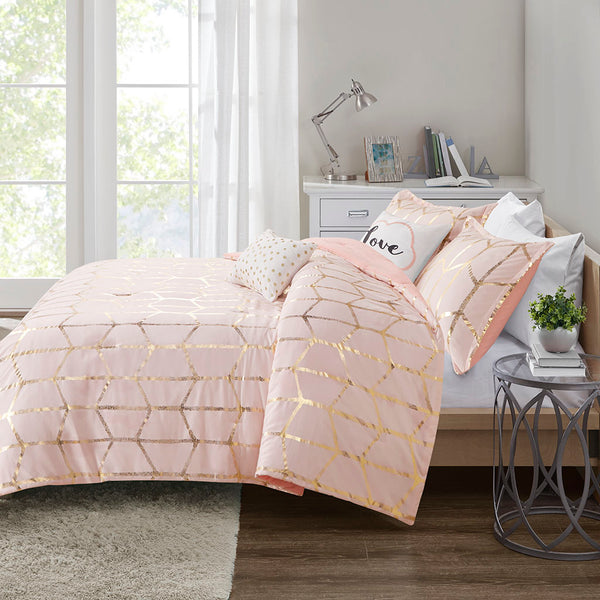 English Elm King/Cal King Metallic Printed Comforter Set – Blush Geometric Gold Microfiber, Antimicrobial, Embroidered Pillows Included B03595842