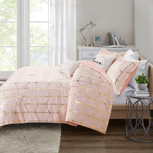 English Elm Twin/Twin Metallic Raina Comforter Set - Blush Microfiber with Gold Geometric Print, Antimicrobial Pillows B03595840