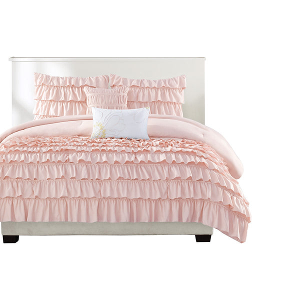 English Elm Full/Queen Waterfall Ruffled Comforter Set Blush Microfiber 4-Piece w/ Decorative Pillows, Antimicrobial B03595858
