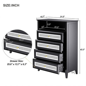 English Elm On-trend Rattan Panel 4 Drawer Dresser Black Mdf Cabinet Gold Pulls Bedroom Storage WF303857AAB