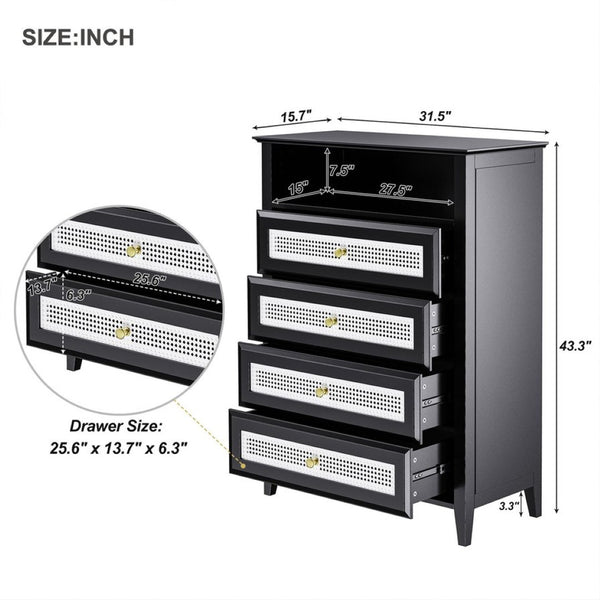 English Elm On-trend Rattan Panel 4 Drawer Dresser Black Mdf Cabinet Gold Pulls Bedroom Storage WF303857AAB