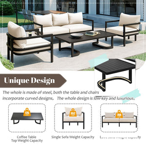 English Elm U_style 5 Seat Outdoor Sofa Set Powder Coated Steel Acacia Wood Table Garden Patio Beige WY000333AAA