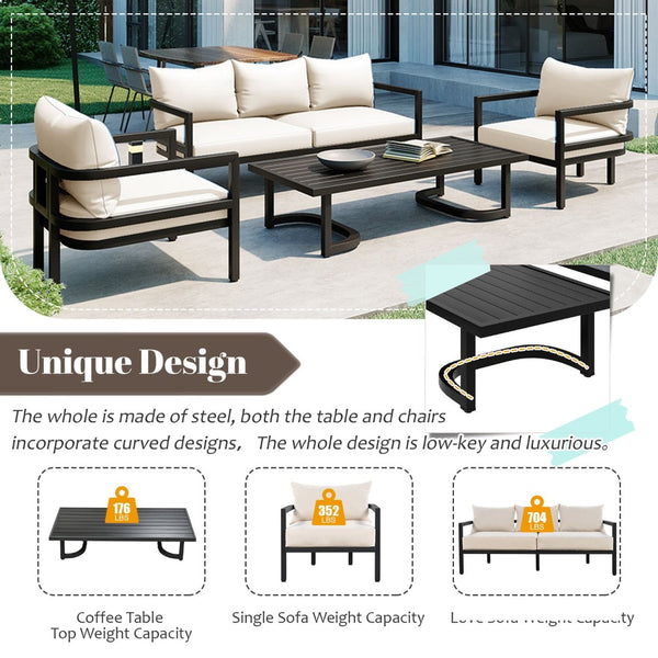 English Elm U_style 5 Seat Outdoor Sofa Set Powder Coated Steel Acacia Wood Table Garden Patio Beige WY000333AAA