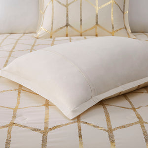 English Elm King/Cal Metallic Raina Comforter Set – Ivory Geometric Gold Print, Antimicrobial Microfiber, 5-Piece Luxe Bedding Ensemble B03595866