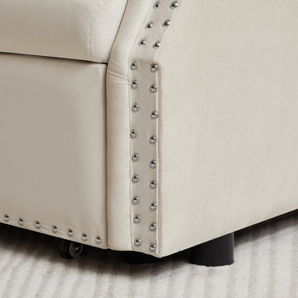 English Elm Artemax Velvet Tufted Convertible Loveseat Sleeper with Nailhead Trim for Small Spaces Beige W668100738