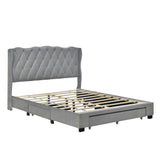 Hearth and Haven Upholstered Platform Bed with Tufted Headboard and 3 Drawers, No Box Spring Needed, Velvet Fabric, Queen Size Gray HL000042AAE
