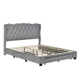 English Elm Upholstered Platform Bed With Tufted Headboard and 3 Drawers, No Box Spring Needed, Velvet Fabric, Queen Size Gray