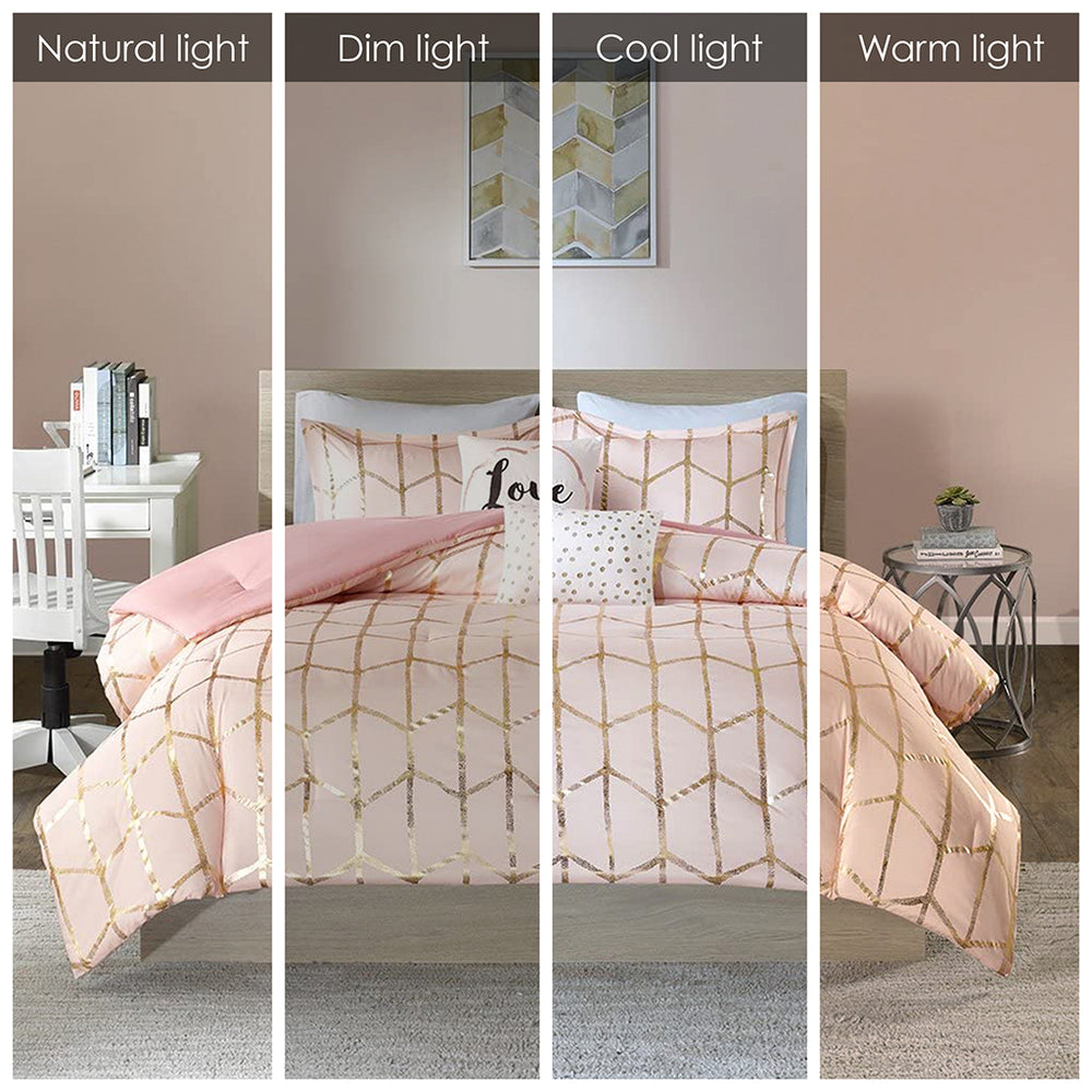 English Elm Full/Queen Metallic Printed Comforter Set - Blush Geometric Gold Accents, Ultra-Soft Microfiber, Antimicrobial Protection B03595841
