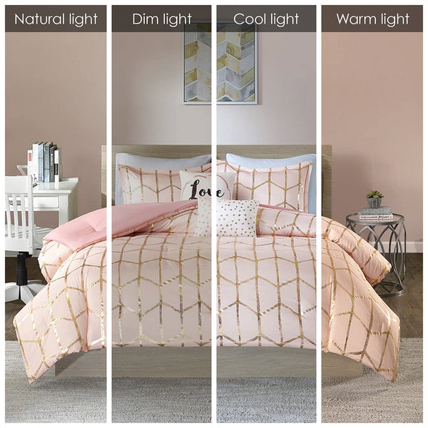 English Elm Twin/Twin Metallic Raina Comforter Set - Blush Microfiber with Gold Geometric Print, Antimicrobial Pillows B03595840