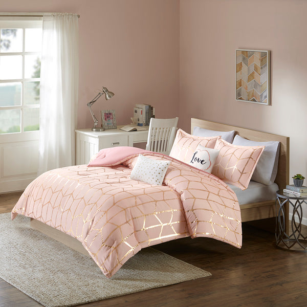 English Elm Twin/Twin Metallic Raina Comforter Set - Blush Microfiber with Gold Geometric Print, Antimicrobial Pillows B03595840