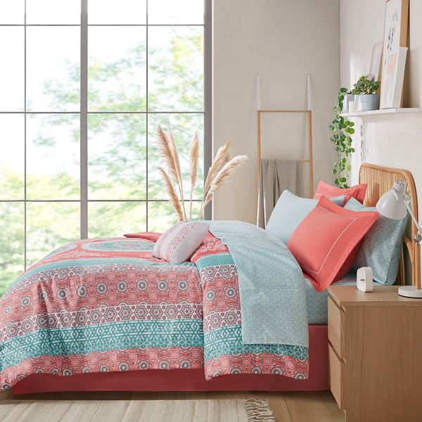 English Elm Twin XL Boho Comforter Set with Sheets - Coral Aqua Medallion, Embroidered Sham, OEKO-TEX Certified Bedding B03595823