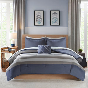 English Elm Twin Marsden Striped Comforter Set with Sheets – Grey & Blue Microfiber, Antimicrobial, OEKO-TEX Certified B03595906