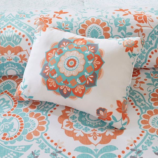 English Elm Twin Vinnie Boho Comforter Set with Sheets, Aqua Orange Global Print, OEKO-TEX, Antimicrobial Freshness Protection B03595867