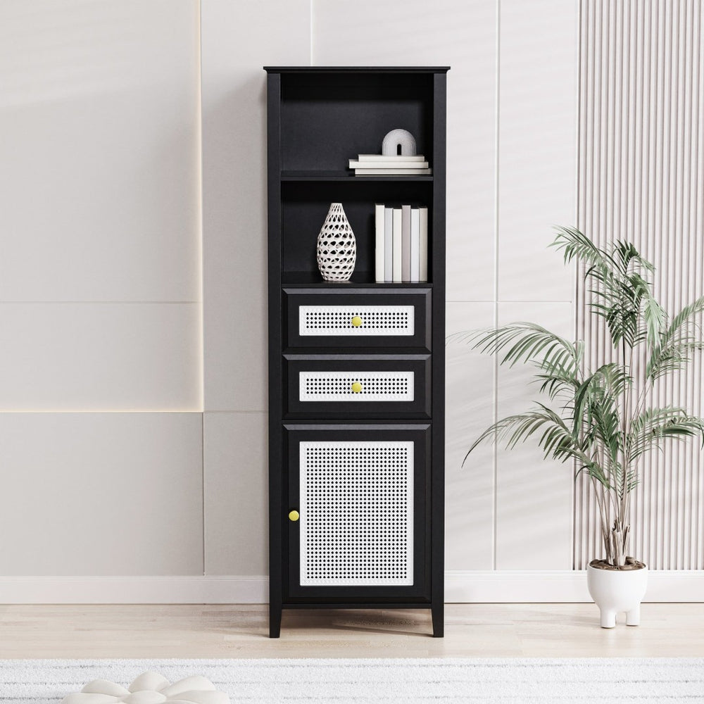 English Elm On-trend Boho Rattan Tower Cabinet 63 Inch Slim Mdf Storage for Any Room WF303856AAB
