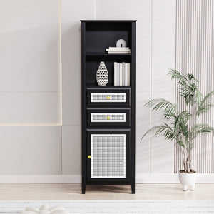 English Elm On-trend Boho Rattan Tower Cabinet 63 Inch Slim Mdf Storage for Any Room WF303856AAB