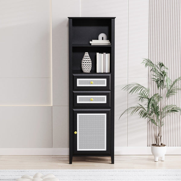 English Elm On-trend Boho Rattan Tower Cabinet 63 Inch Slim Mdf Storage for Any Room WF303856AAB