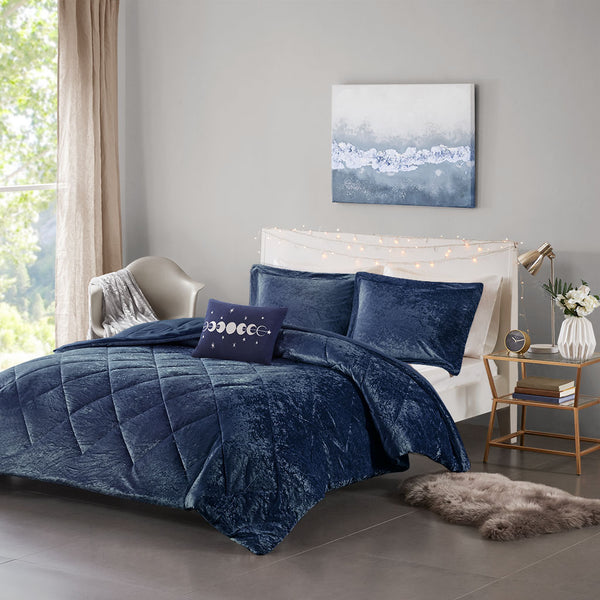 English Elm Full/Queen Felicia Velvet Comforter Set in Navy with Diamond Quilting, Hypoallergenic Fill & Pillow B03595890