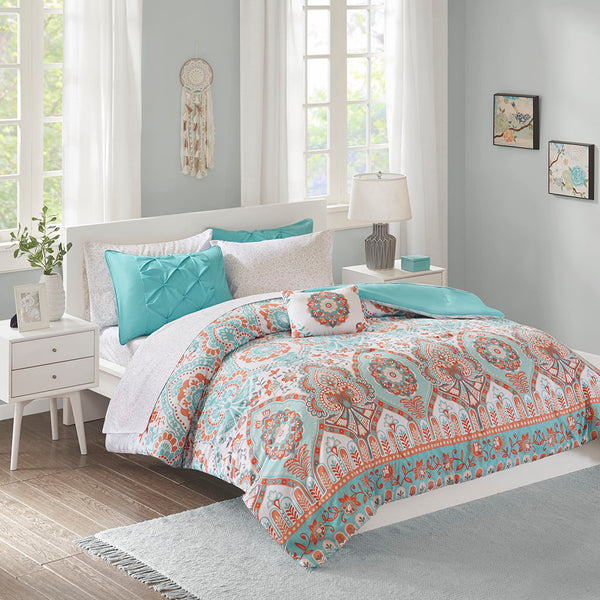 English Elm Twin Vinnie Boho Comforter Set with Sheets, Aqua Orange Global Print, OEKO-TEX, Antimicrobial Freshness Protection B03595867