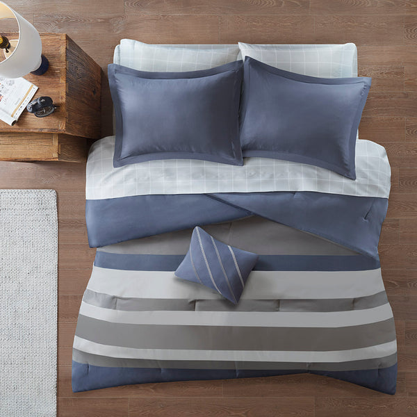English Elm Twin XL Marsden Striped Comforter Set with Sheets - Grey & Blue Antimicrobial OEKO-TEX Bedding B03595907