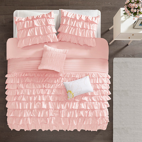 English Elm Full/Queen Waterfall Ruffled Comforter Set Blush Microfiber 4-Piece w/ Decorative Pillows, Antimicrobial B03595858