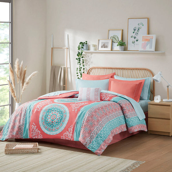 English Elm Twin XL Boho Comforter Set with Sheets - Coral Aqua Medallion, Embroidered Sham, OEKO-TEX Certified Bedding B03595823