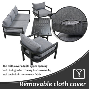 English Elm U_style 5 Seat Outdoor Sofa Set Powder Coated Steel Acacia Wood Table Garden Patio Light Gray WY000333AAE