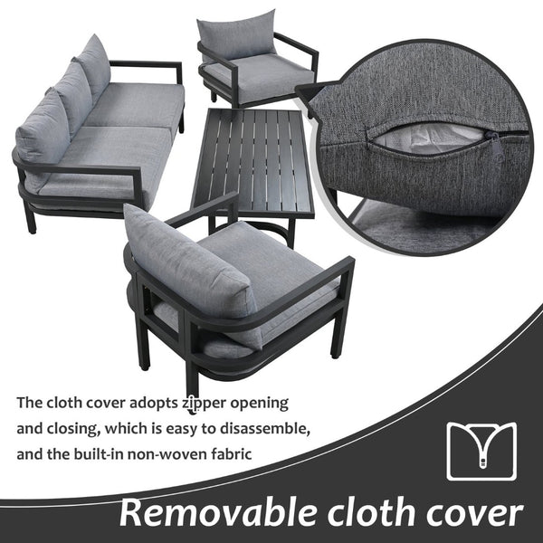 English Elm U_style 5 Seat Outdoor Sofa Set Powder Coated Steel Acacia Wood Table Garden Patio Light Gray WY000333AAE