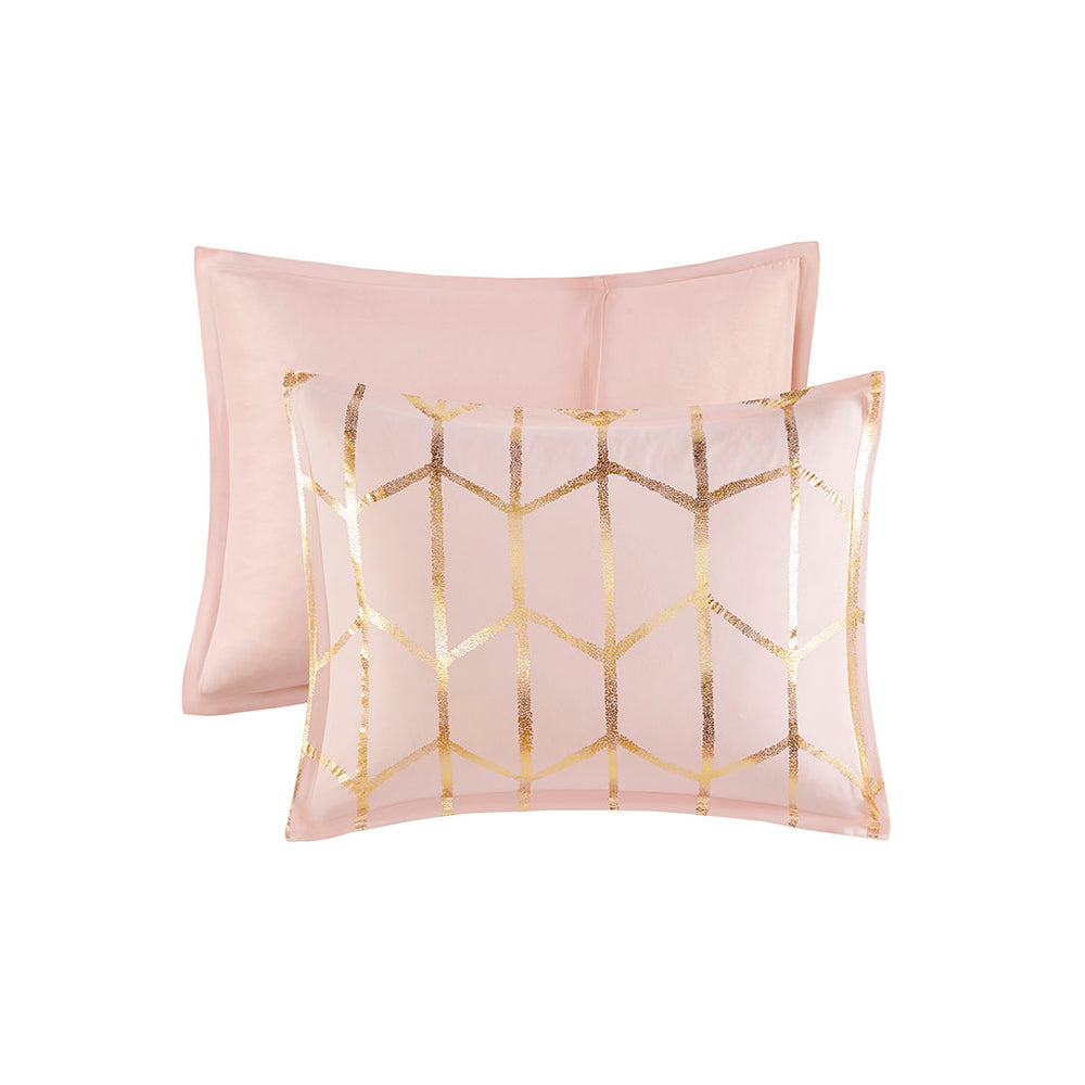English Elm Full/Queen Metallic Printed Comforter Set - Blush Geometric Gold Accents, Ultra-Soft Microfiber, Antimicrobial Protection B03595841