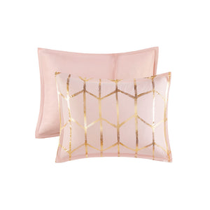 English Elm King/Cal King Metallic Printed Comforter Set – Blush Geometric Gold Microfiber, Antimicrobial, Embroidered Pillows Included B03595842