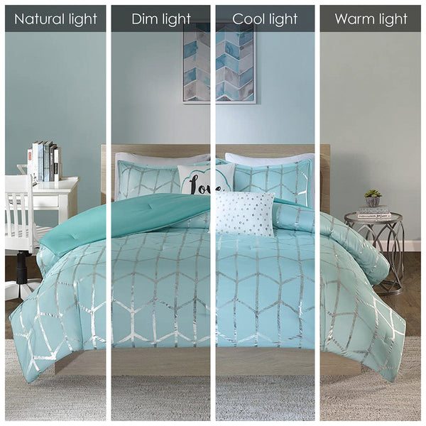 English Elm Full/Queen Metallic Printed Comforter Set with Aqua Geometric Metallic Print, Embroidered Pillows, Antimicrobial Protection Aqua+Silver 21.65 L x 18.5 W x 11.02 H B03595835