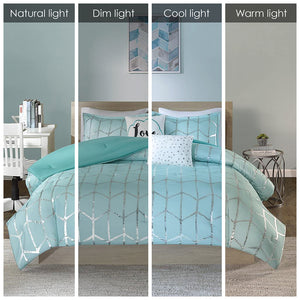 English Elm Twin/Twin Metallic Printed Comforter Set with Aqua Geometric Design, Embroidered Pillows & Antimicrobial Protection Aqua+Silver 21.65 L x 18.5 W x 10.24 H B03595834