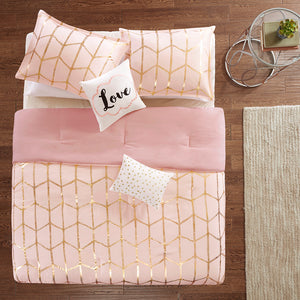 English Elm Twin/Twin Metallic Raina Comforter Set - Blush Microfiber with Gold Geometric Print, Antimicrobial Pillows B03595840