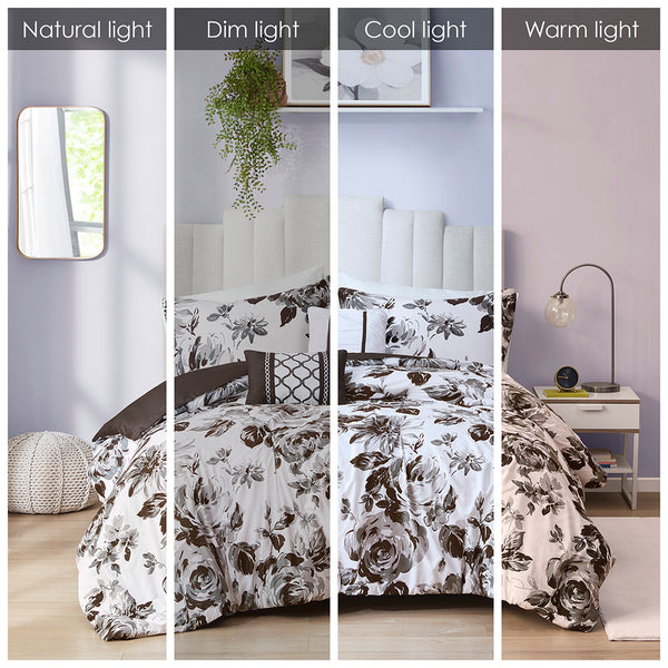 English Elm King/Cal Floral Print Comforter Set - Intelligent Design Dorsey Black & White Microfiber Comforter, Shams, Decorative Pillows, Hypoallergenic, Machine Washable B03595939