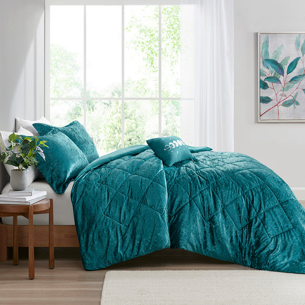 English Elm Twin/Twin Felicia Velvet Comforter Set Teal Crushed Velvet Quilted Diamond Hypoallergenic Plush Glam B03595931