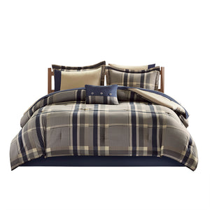 English Elm Twin Robbie Plaid Comforter Set with Sheets, Navy Taupe Brushed Microfiber, OEKO-TEX Certified Elegance B03595826