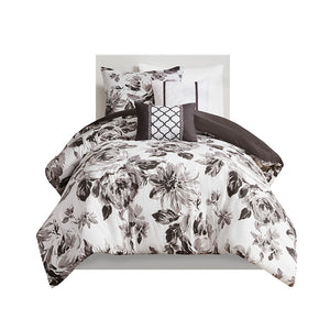 English Elm Twin/Twin Dorsey Floral Comforter Set - Black & White Microfiber, Reversible Solid Back, Hypoallergenic Pillows, Antimicrobial Protection B03595881