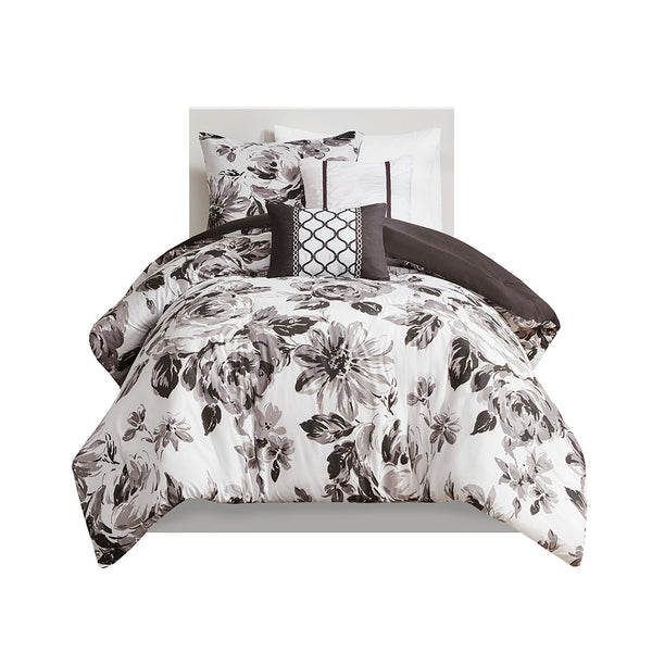 English Elm Twin/Twin Dorsey Floral Comforter Set - Black & White Microfiber, Reversible Solid Back, Hypoallergenic Pillows, Antimicrobial Protection B03595881