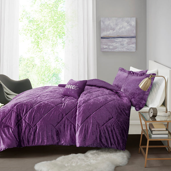 English Elm Full/Queen Velvet Comforter Set Felicia - Crushed Purple Quilted Diamond Plush Hypoallergenic Luxury B03595930