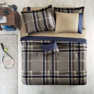 English Elm Full Plaid Comforter Set with Bed Sheets — OEKO-TEX Navy Taupe Plaid Bedding, Includes Shams, Skirt, Pillow B03595828