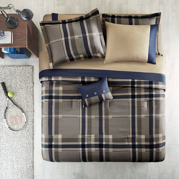 English Elm Queen Plaid Comforter Set with Sheets, Navy Taupe Modern Plaid, OEKO-TEX Soft Microfiber Bedding B03595829