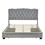 Hearth and Haven Upholstered Platform Bed with Tufted Headboard and 3 Drawers, No Box Spring Needed, Velvet Fabric, Queen Size Gray HL000042AAE