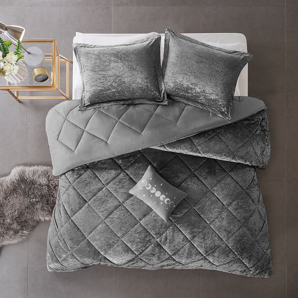 English Elm Full/Queen Velvet Comforter Set Felicia by Intelligent Design – Crushed Velvet Diamond Quilted Grey, Hypoallergenic Comfort & Pillow B03595916