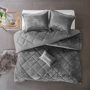 English Elm Twin/Twin Felicia Velvet Comforter Set in Grey — Diamond Quilted Crushed Velvet, Hypoallergenic Fill, Throw Pillow Included B03595915