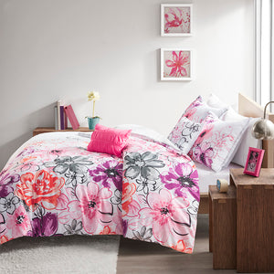 English Elm Twin/Twin Olivia Floral Comforter Set with Antimicrobial Protection, Grey Reverse, Embroidered Pillows B03595888