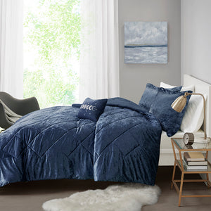 English Elm Full/Queen Felicia Velvet Comforter Set in Navy with Diamond Quilting, Hypoallergenic Fill & Pillow B03595890