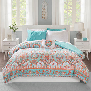 English Elm Queen Vinnie Boho Comforter Set with Aqua/Orange Global Print, OEKO-TEX Sheets, Antimicrobial Protection B03595870